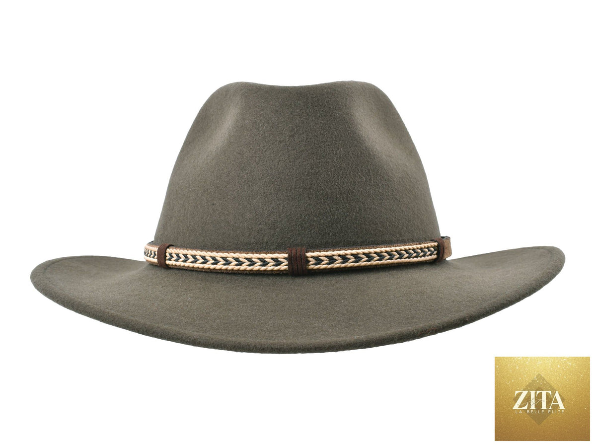 Zita La Belle Elite outdoor merino wool felt fedora hat in moss green, featuring a wide brim and stylish design.