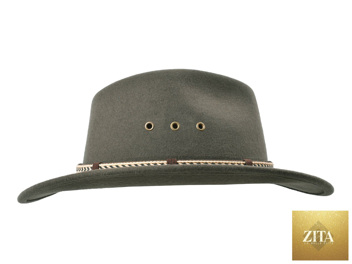 Zita La Belle Elite outdoor Merino wool felt fedora hat in moss green, stylish and warm for outdoor activities.