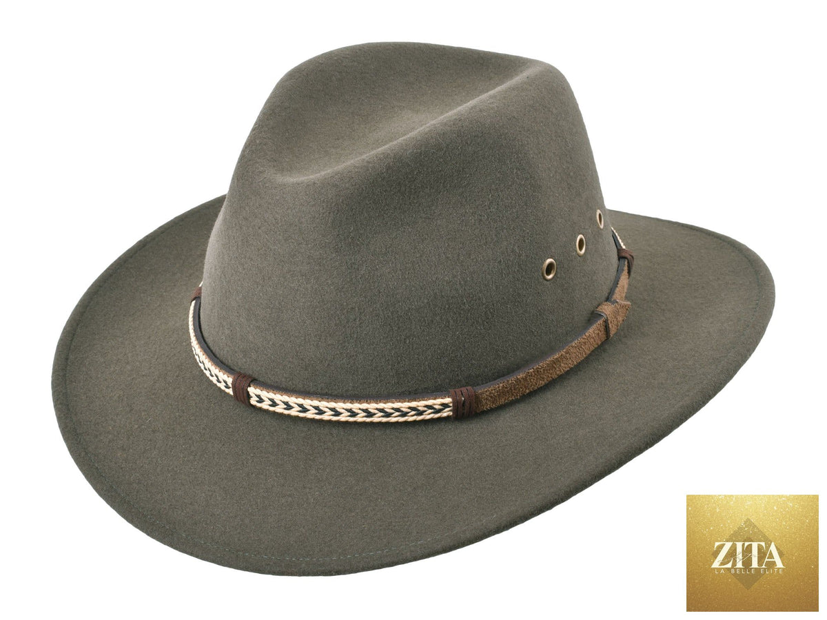 Zita La Belle Elite outdoor Merino wool felt fedora hat with a wide brim in moss green, stylish and suitable for outdoor wear.