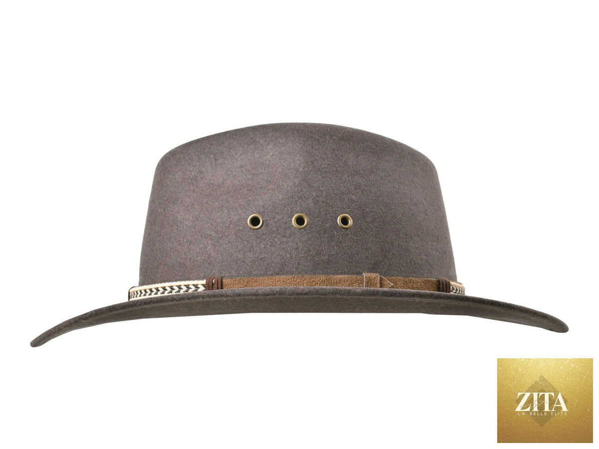 Zita La Belle Elite outdoor merino wool felt fedora hat with wide brim in tobacco melange color, stylish and warm for outdoor wear.