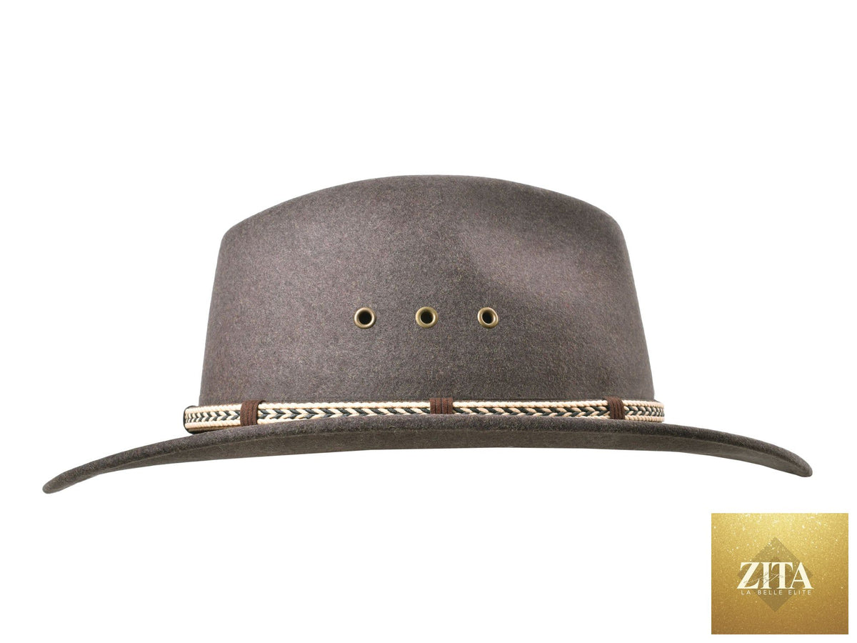 Zita La Belle Elite outdoor merino wool felt fedora hat with a tobacco melange color and wide brim.