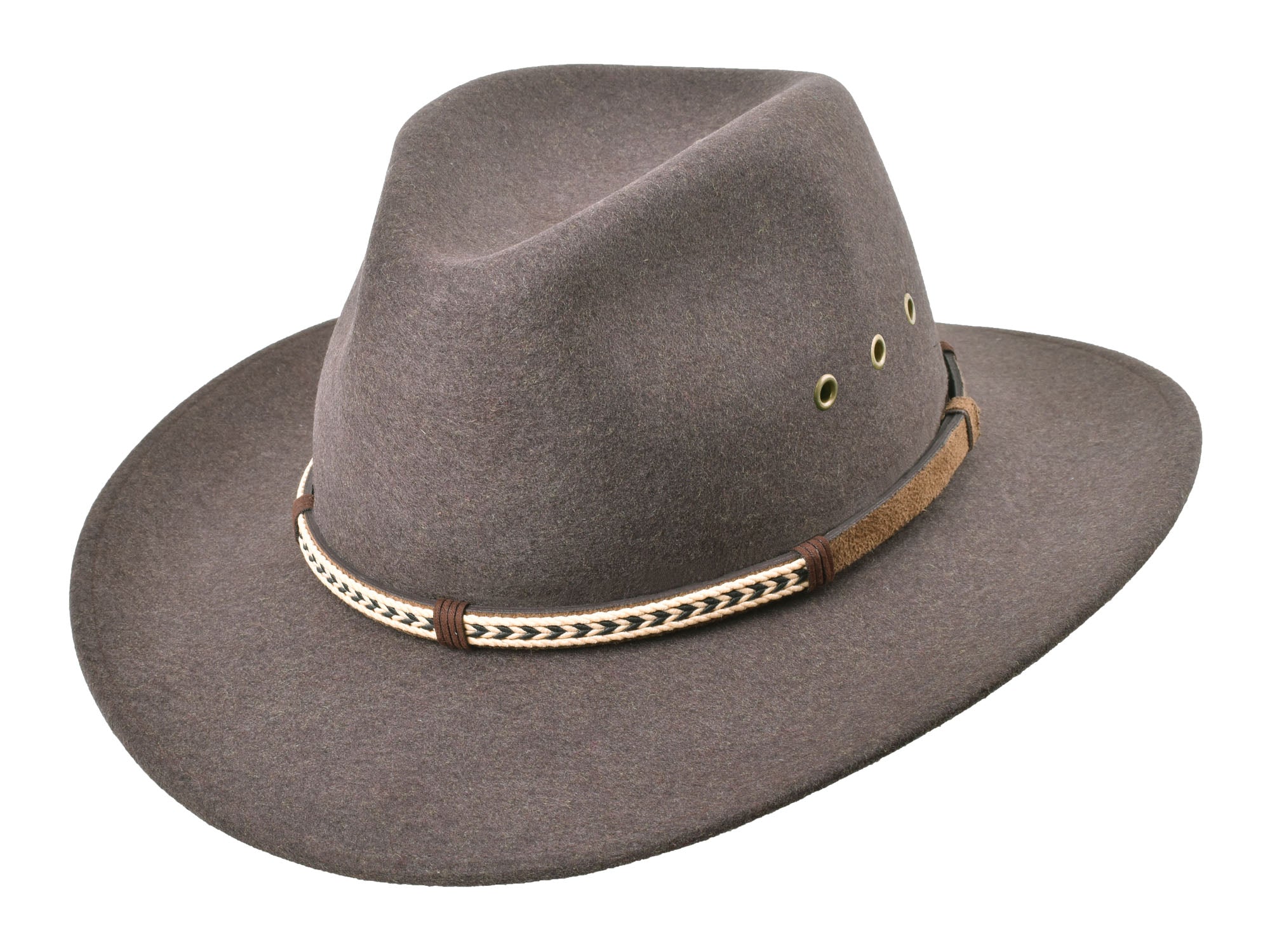 Bigalli Hats USA outdoor Merino wool felt fedora hat named Scout in Tobacco Melange color, featuring a classic brim and stylish design.