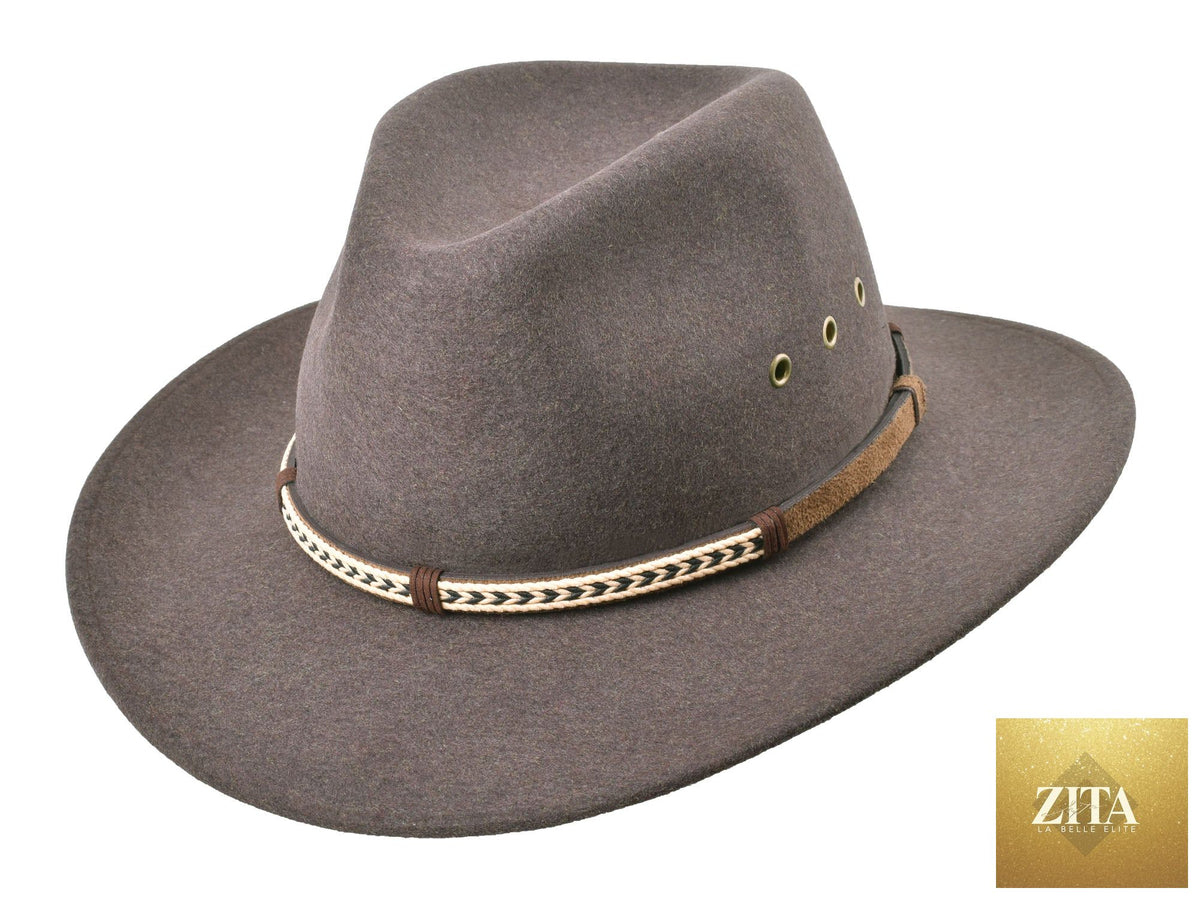 Zita La Belle Elite outdoor merino wool felt fedora hat in tobacco melange color, stylish and durable for outdoor wear.