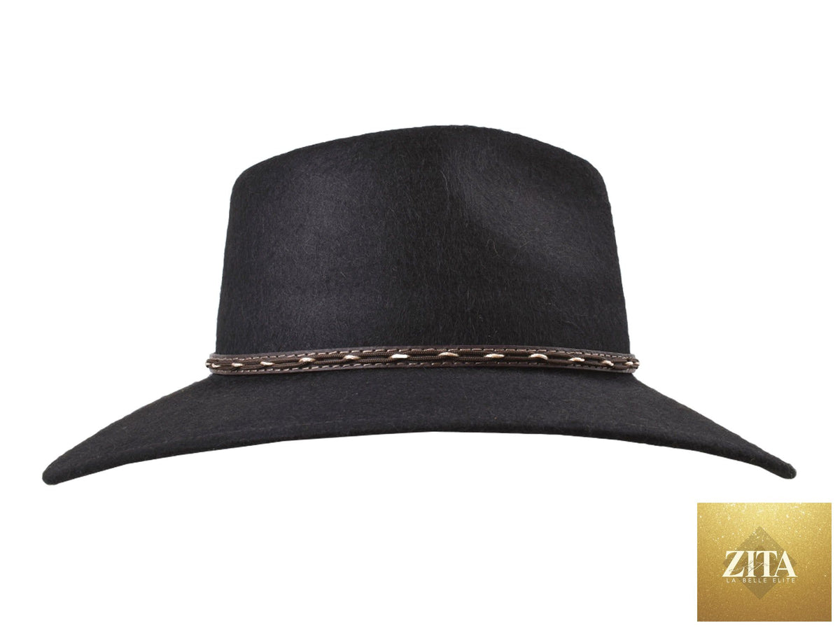 Black alpaca and wool felt fedora hat by Zita La Belle Elite, featuring a stylish wide brim and classic design.