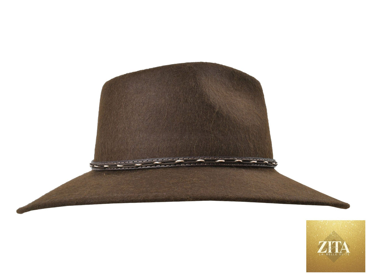 Chocolate brown fedora hat made from alpaca and wool felt blend by Zita La Belle Elite, featuring a stylish wide brim and classic design.