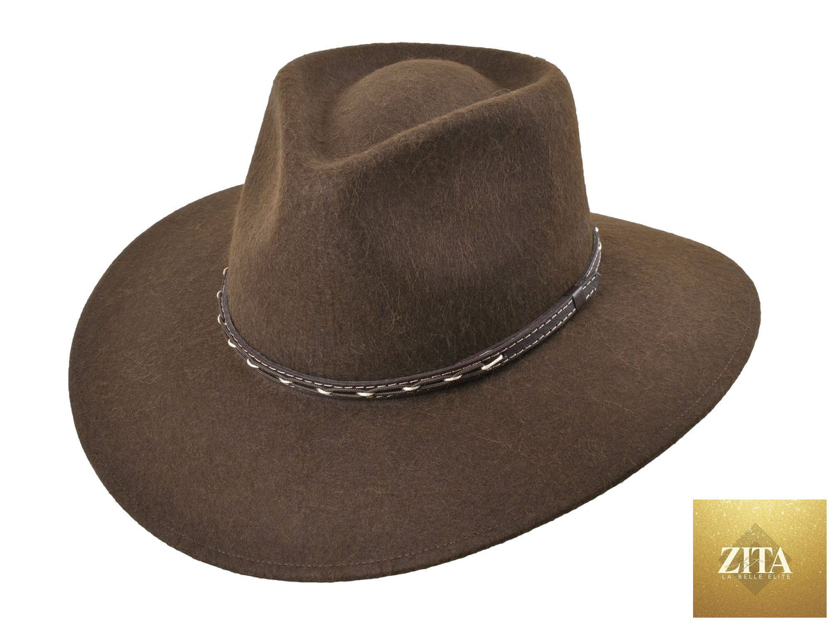 Chocolate brown felt fedora hat made from alpaca and wool blend by Zita La Belle Elite, featuring a stylish wide brim and classic design.