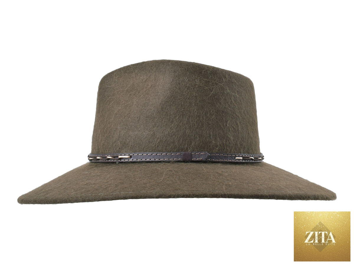 Zita La Belle Elite Zabala fedora hat made of alpaca and wool felt blend in moss green, stylish outdoor headwear with a wide brim.