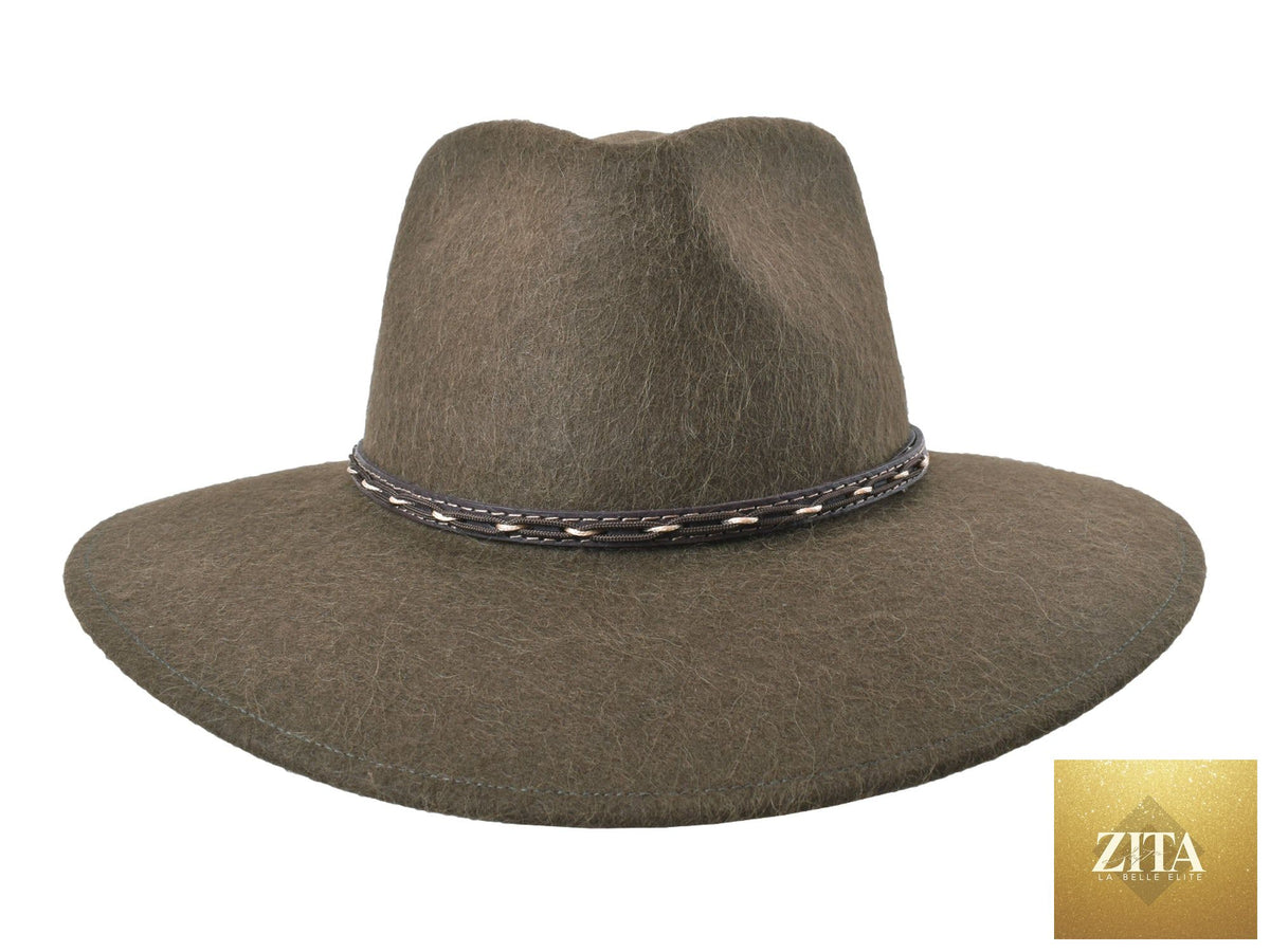 Zita La Belle Elite Zabala outdoor fedora hat made of alpaca and wool felt blend in moss green, stylish and warm.