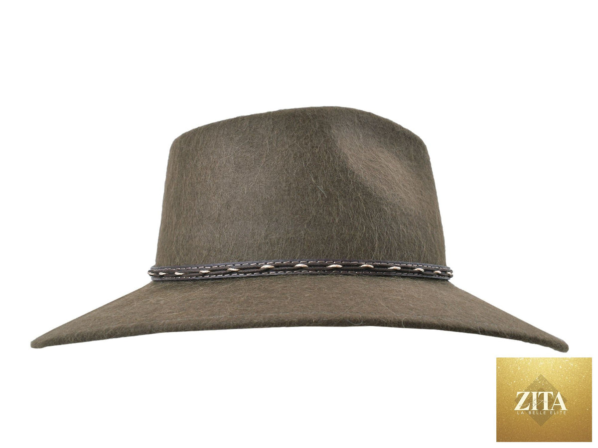Outdoor fedora hat made from alpaca and wool felt blend by Zita La Belle Elite, featuring a stylish moss green design.