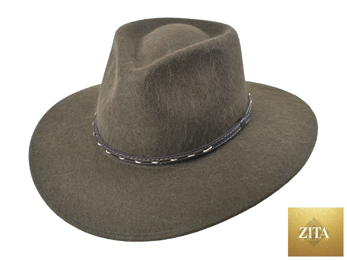 Zita La Belle Elite Zabala fedora hat made of alpaca and wool felt blend in moss green color, stylish outdoor headwear.