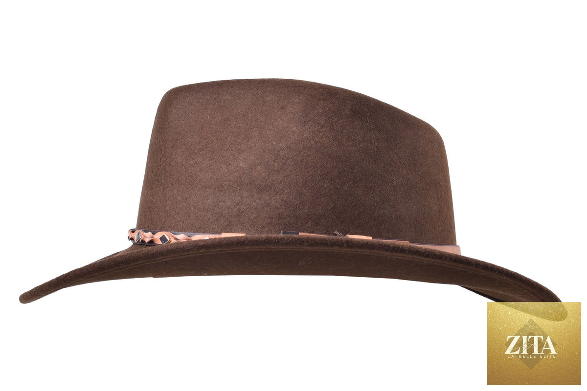 Chocolate brown outdoor merino wool felt fedora hat by Zita La Belle Elite, featuring a classic wide brim and stylish design.