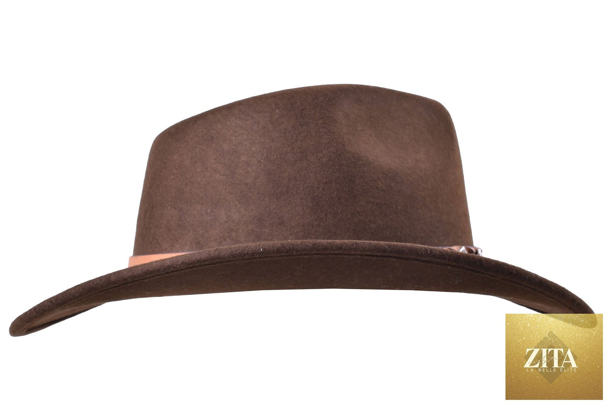 Chocolate-colored outdoor Merino wool felt fedora hat by Zita La Belle Elite featuring a stylish brim and classic design.