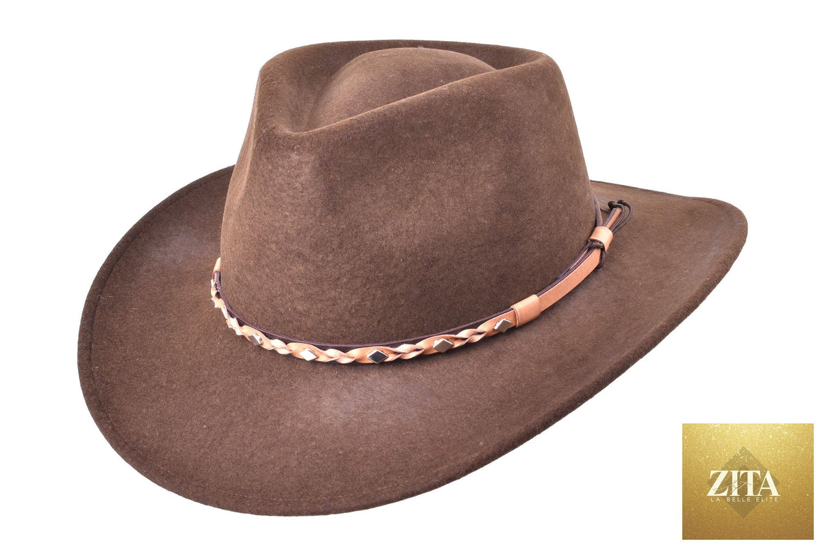 Chocolate brown outdoor Merino wool felt fedora hat by Zita La Belle Elite, featuring a stylish wide brim and classic design.