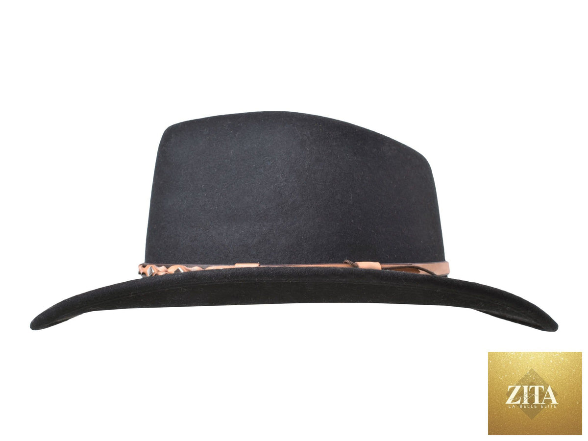 Black outdoor Merino wool felt fedora hat by Zita La Belle Elite, featuring a classic wide brim and stylish design.