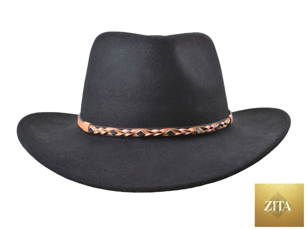 Black outdoor Merino wool felt fedora hat by Zita La Belle Elite, featuring a stylish wide brim and classic design.
