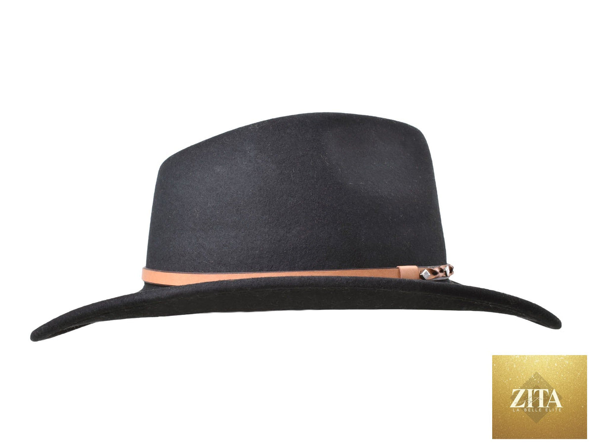 Black outdoor Merino wool felt Fedora hat by Zita La Belle Elite, featuring a stylish and durable design with a wide brim.