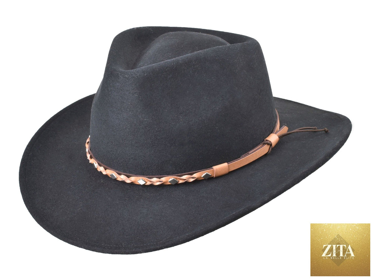 Black outdoor Merino wool fedora hat by Zita La Belle Elite featuring a stylish wide brim and classic design.