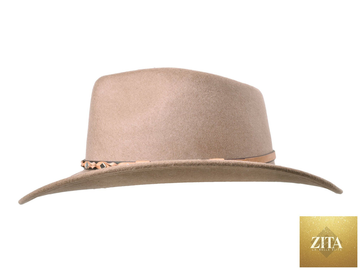 Khaki outdoor merino wool felt fedora hat by Zita La Belle Elite, featuring a stylish wide brim and classic design.