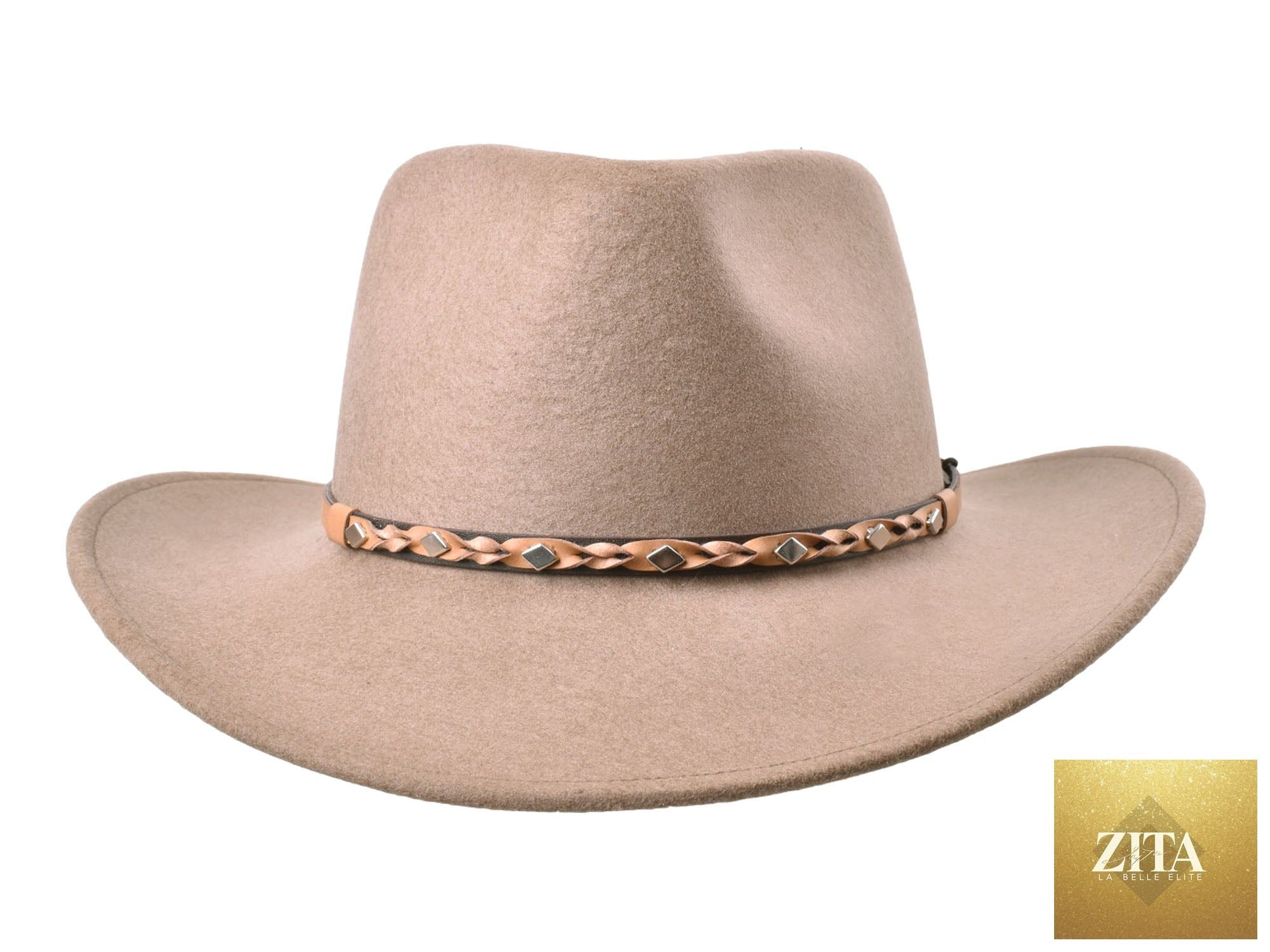 Khaki outdoor fedora hat made of merino wool felt by Bigalli Hats USA, features a classic style and wide brim for outdoor wear.