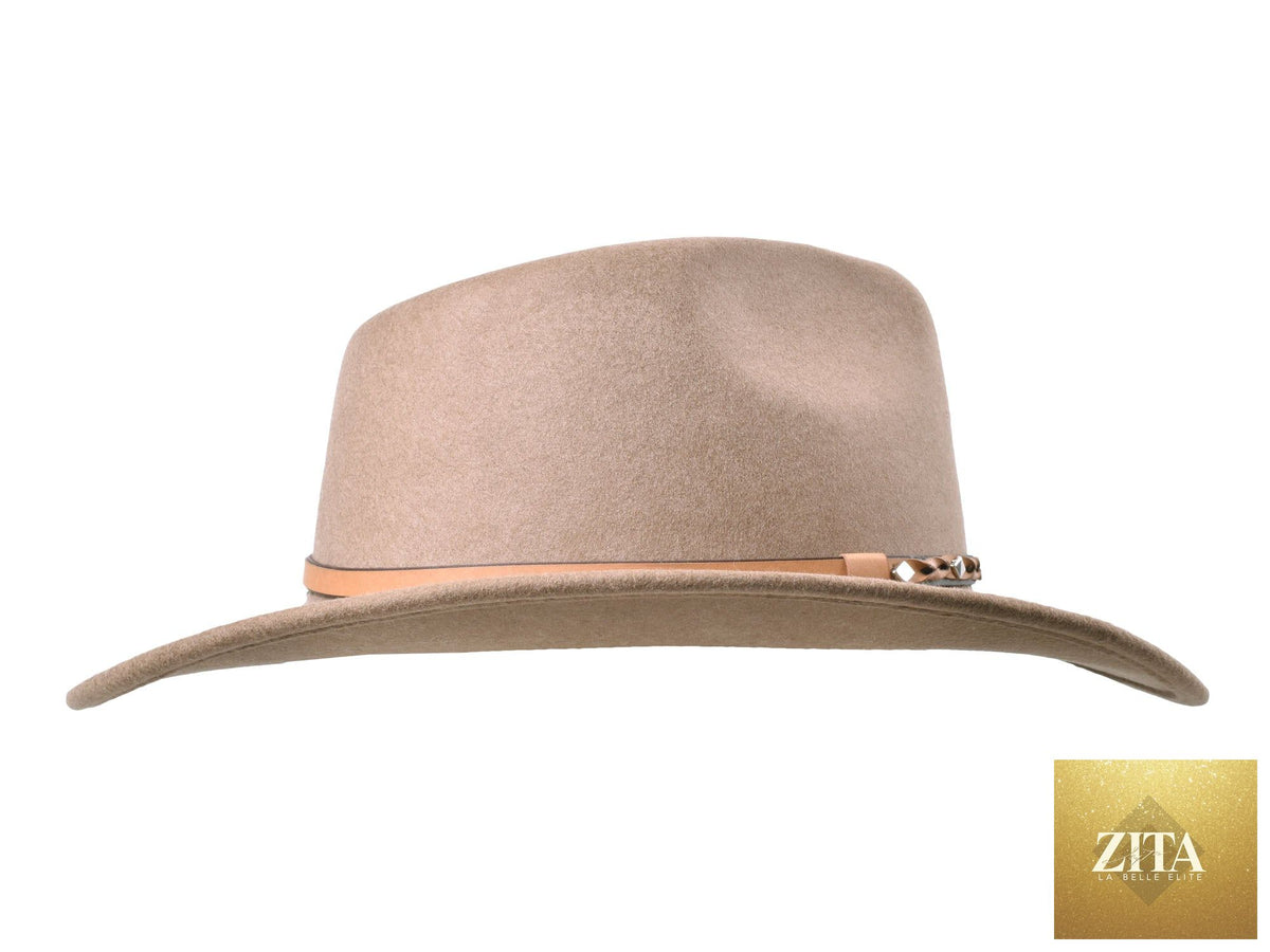 Khaki outdoor Fedora hat by Zita La Belle Elite, made of Merino wool felt, featuring a classic wide brim and stylish design.