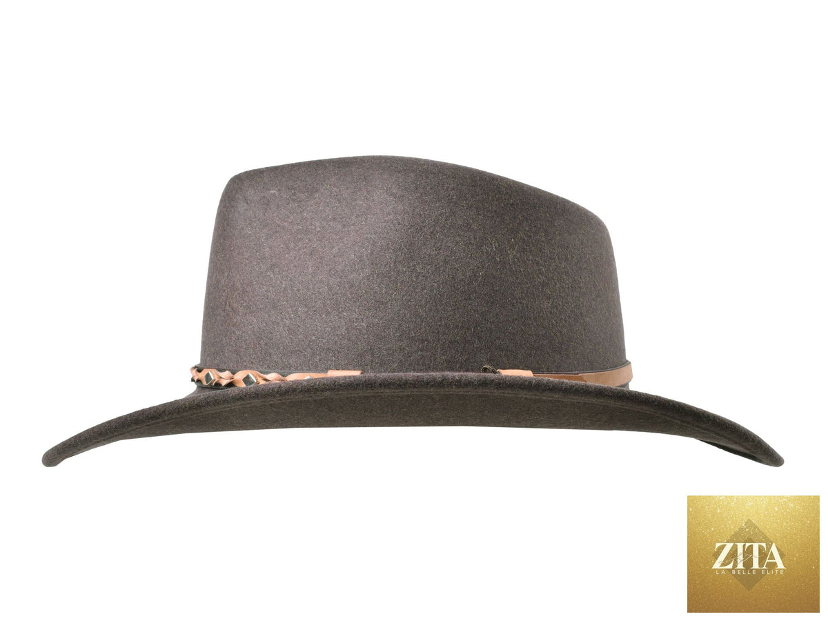 Zita La Belle Elite Jaxen Fedora hat in tobacco melange wool felt, outdoor style with wide brim and classic design.