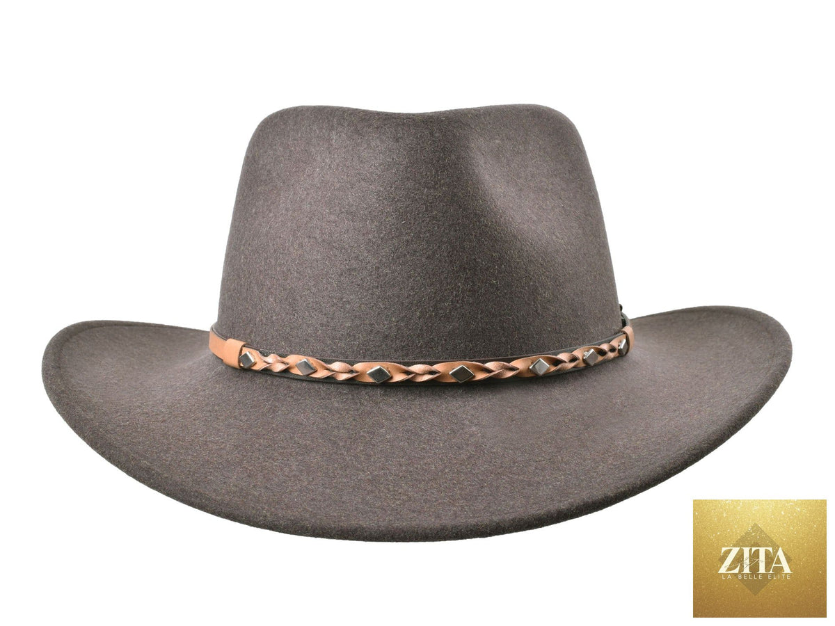 Zita La Belle Elite Jaxen outdoor Fedora hat in tobacco melange wool felt with a wide brim and stylish design.