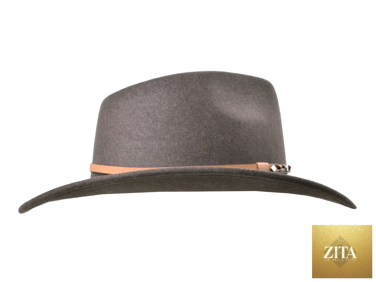 Zita La Belle Elite Jaxen fedora made of outdoor merino wool felt in tobacco melange color, stylish and warm for outdoor wear.
