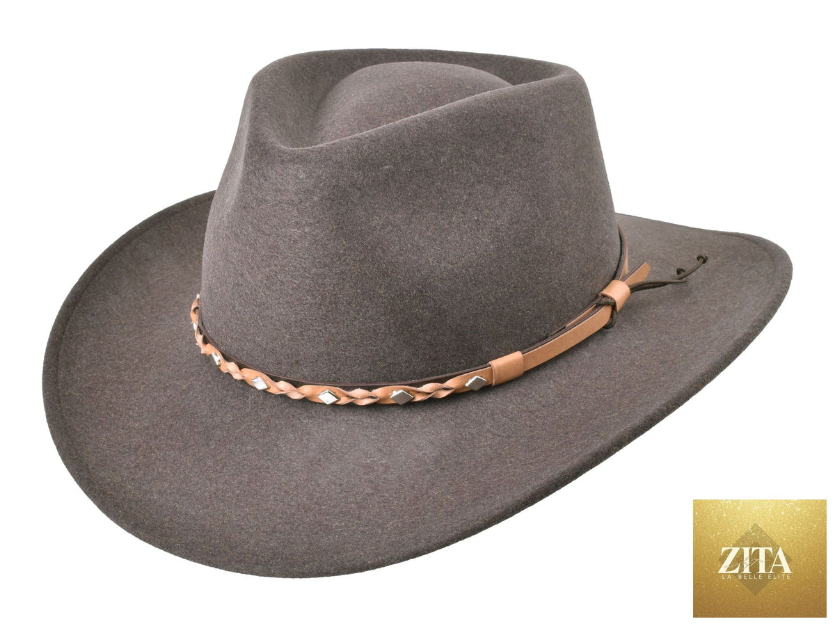 Zita La Belle Elite Jaxen outdoor merino wool felt fedora hat in tobacco melange color, stylish and warm for outdoor wear.