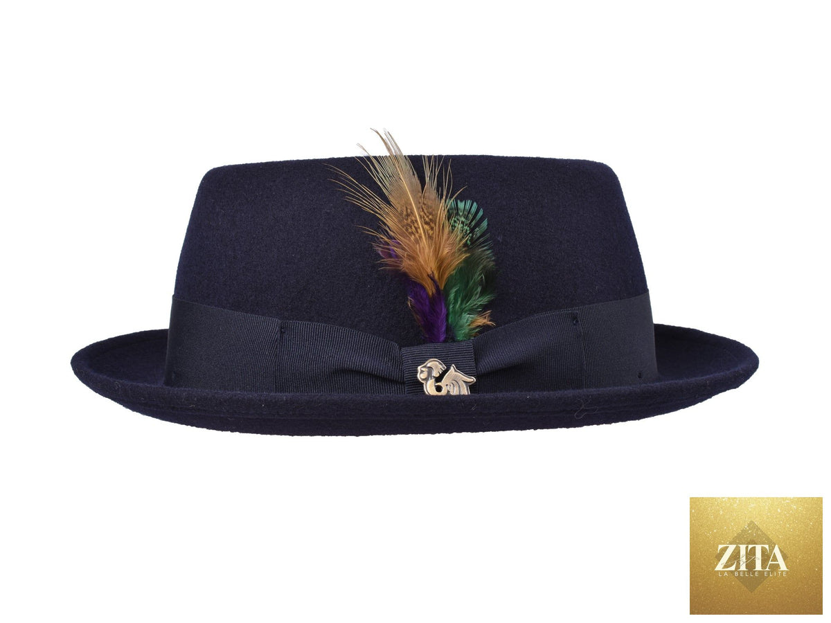 Navy wool felt pork pie hat by Zita La Belle Elite with a classic stingy brim and structured crown.