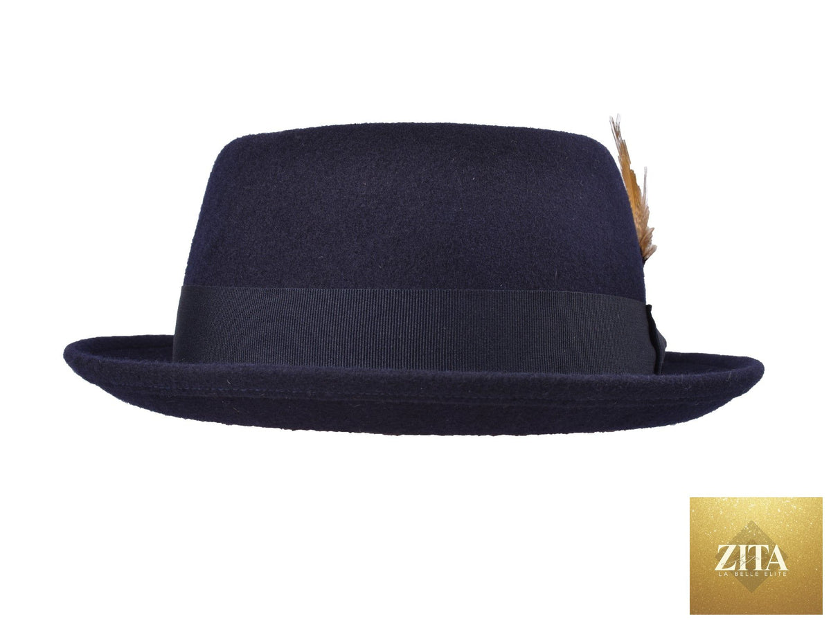 Navy wool felt pork pie hat by Zita La Belle Elite, featuring a classic stingy brim and stylish design.