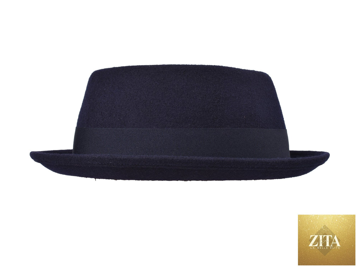 Navy wool felt pork pie hat by Zita La Belle Elite, featuring a classic stingy brim and stylish design.