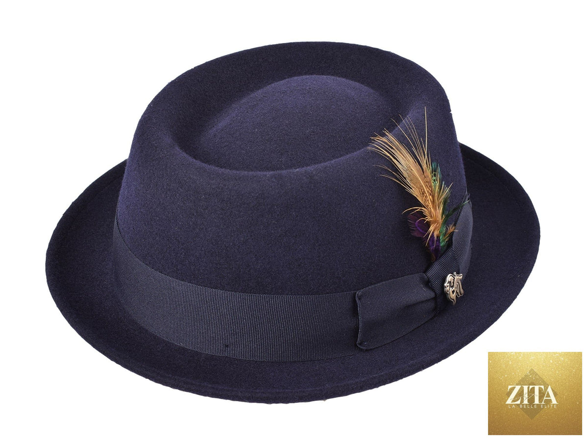 Navy wool felt pork pie hat by Zita La Belle Elite, featuring a classic stingy brim and stylish design.