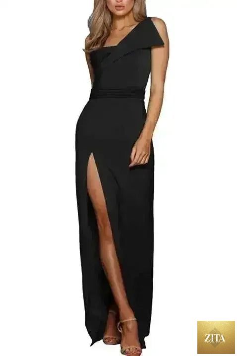 Black asymmetric one-shoulder floor-length party slit dress by Femstylo, featuring a stylish design with a dramatic slit.