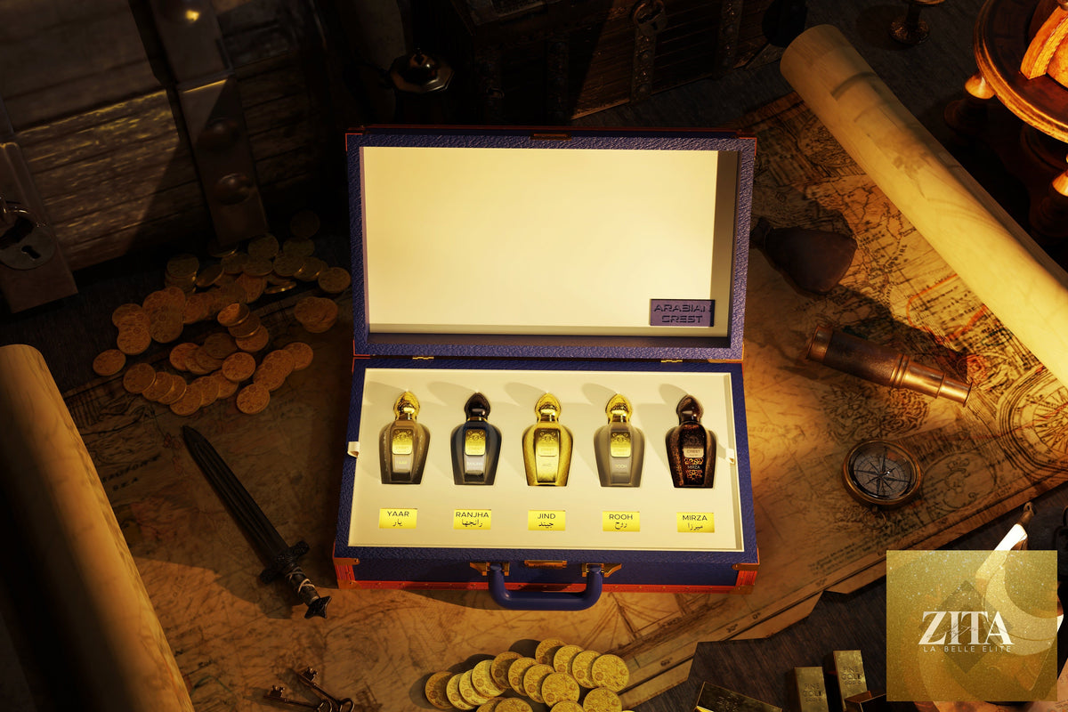 Blue cinematic image of the Sinbad Corsair Portfolio 5-piece Eau de Parfum briefcase by ARABIAN CREST DUBAI™.
