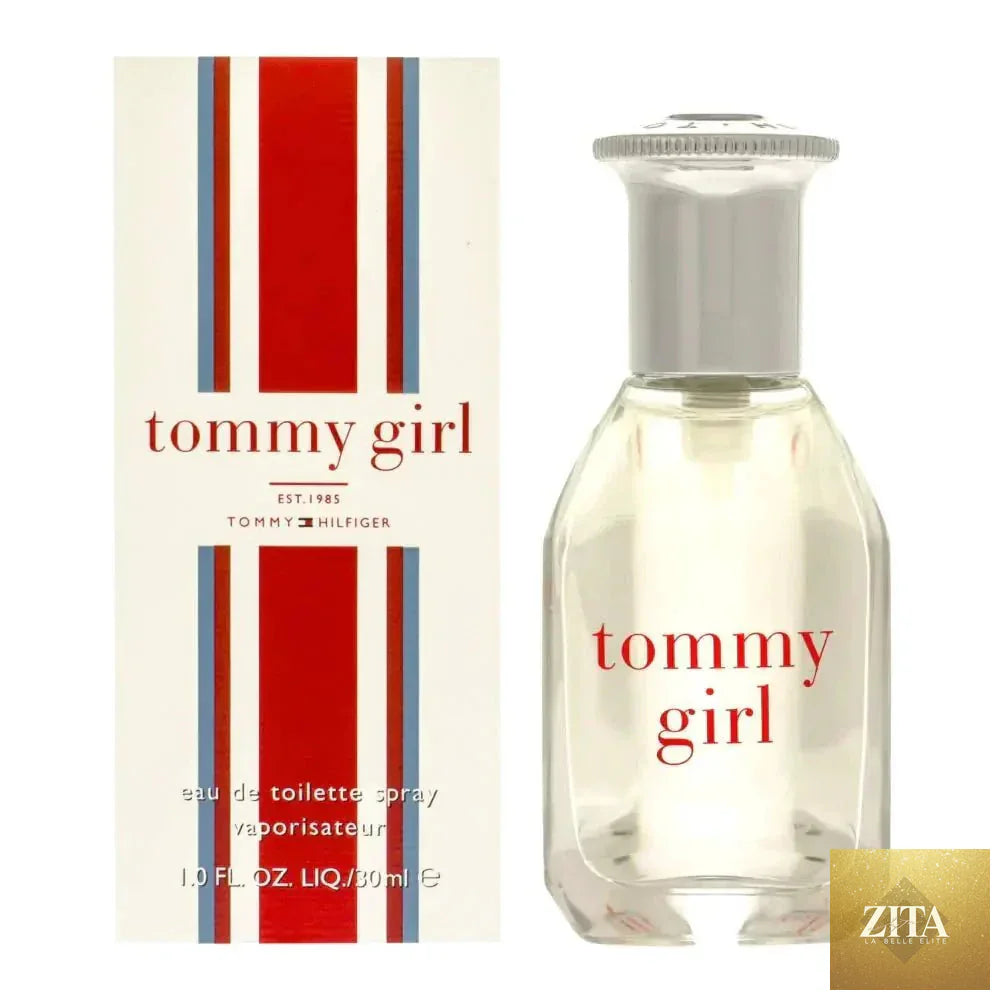 Tommy Girl 1.0 oz women's parfum by Hilfiger, featuring a sleek glass bottle with a silver cap and clear fragrance liquid.