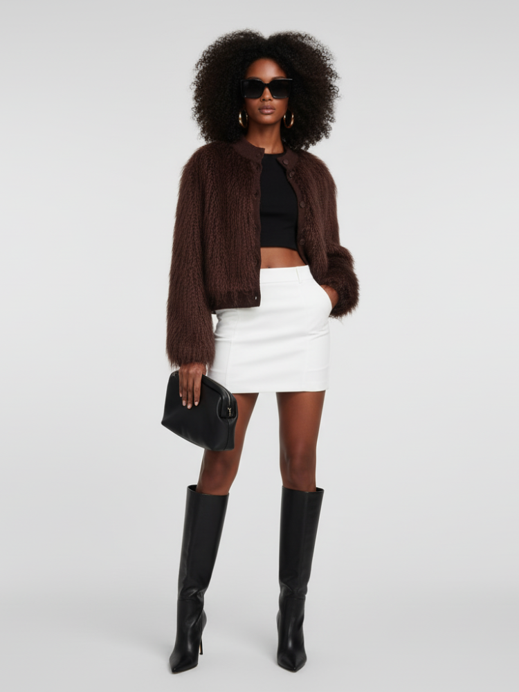Brown women's stand-up collar jacket from BYMANYC's Gramercy collection, featuring a stylish, tailored design.