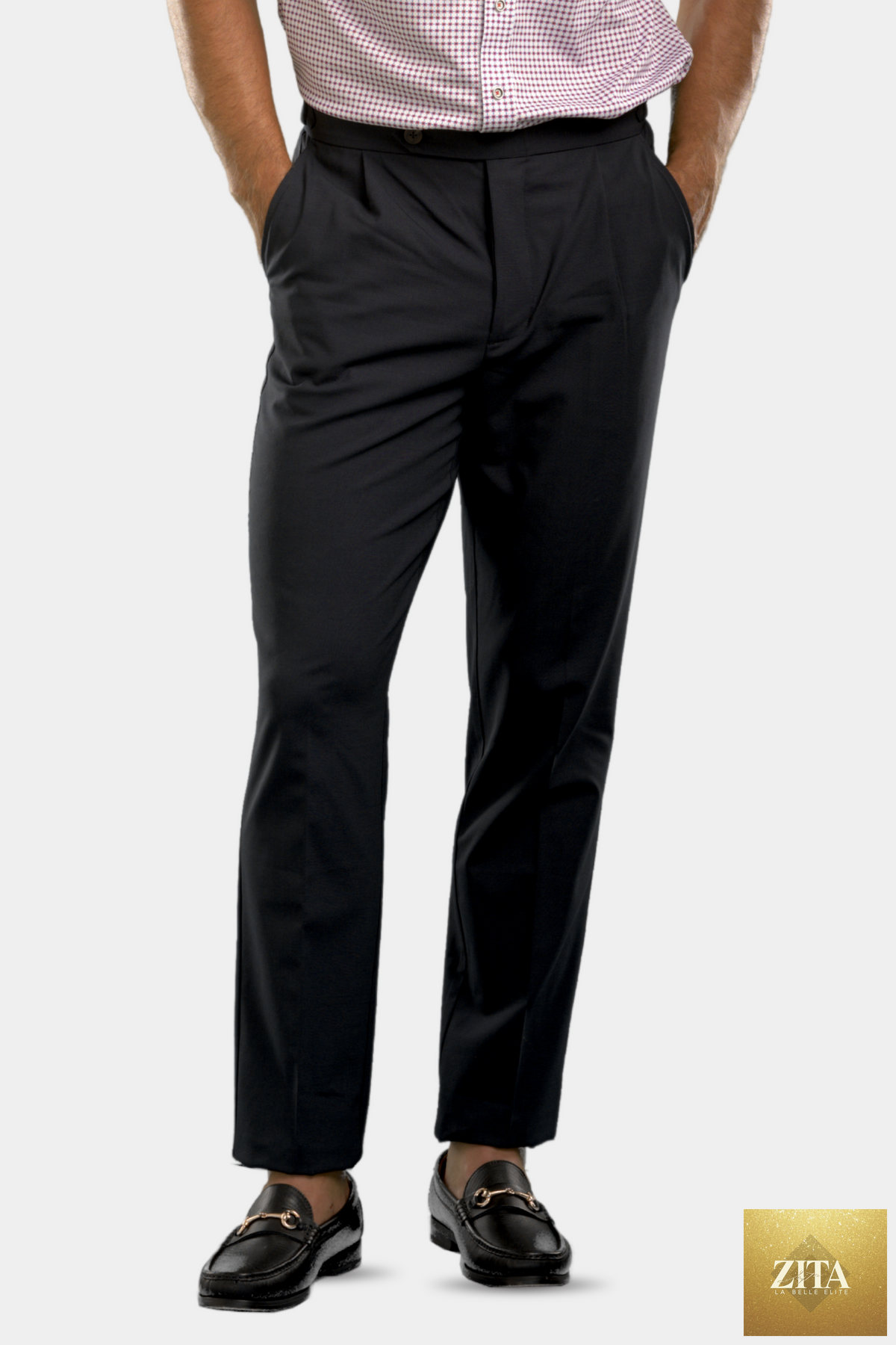 Navy Buki pleated wool trouser pants displayed from the front showing tailored fit and classic design.