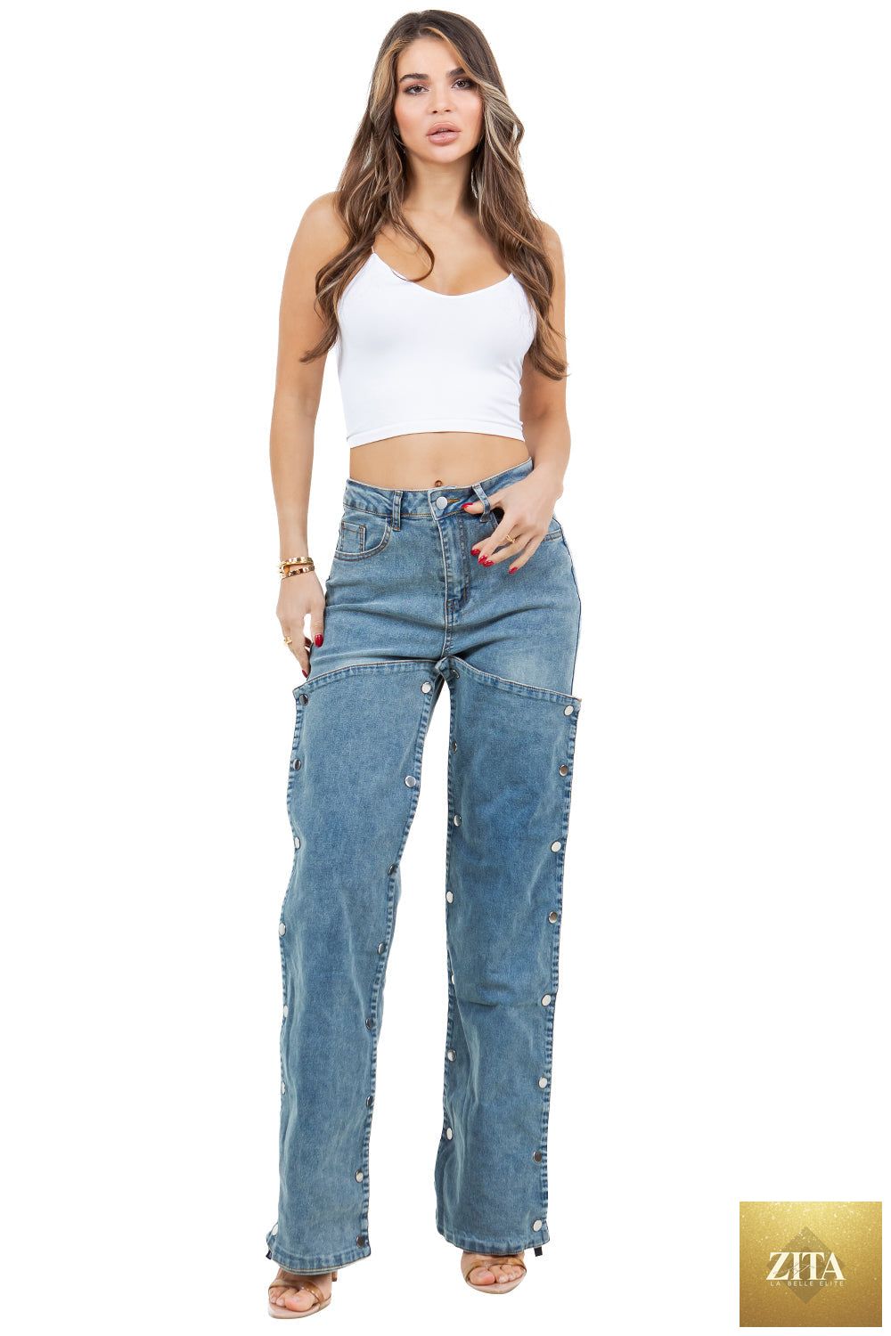 Women’s casual printed denim pants by BY CLAUDE featuring a stylish, relaxed fit with vibrant print details.