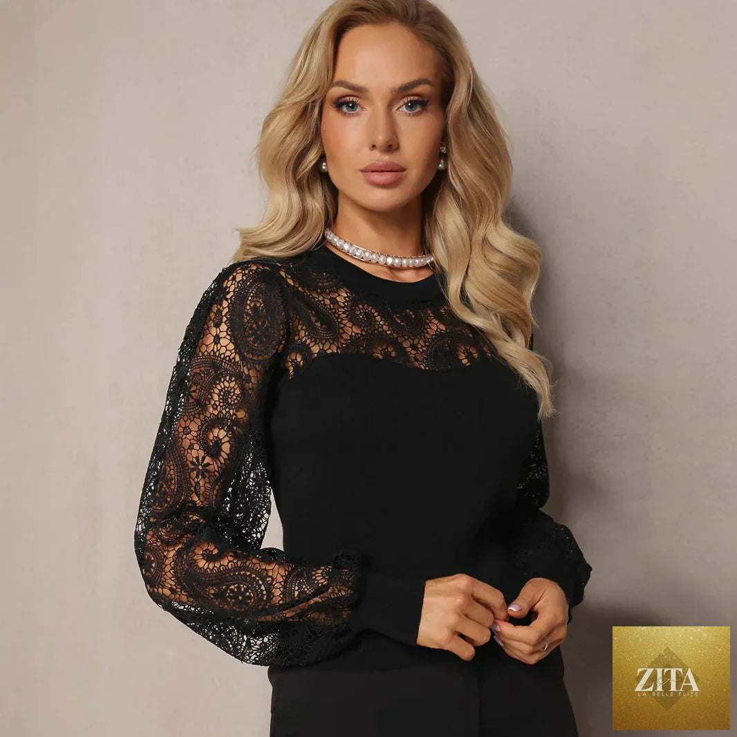 Women’s lace sleeve round neck T-shirt by Trendy Attic Store01, featuring a comfortable fit and stylish lace detail on the sleeves.