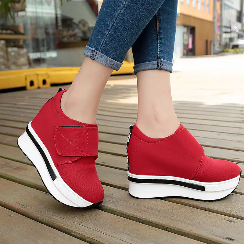 Korean style thick sole platform women sneakers with height boost, featuring trendy design and comfortable fit.