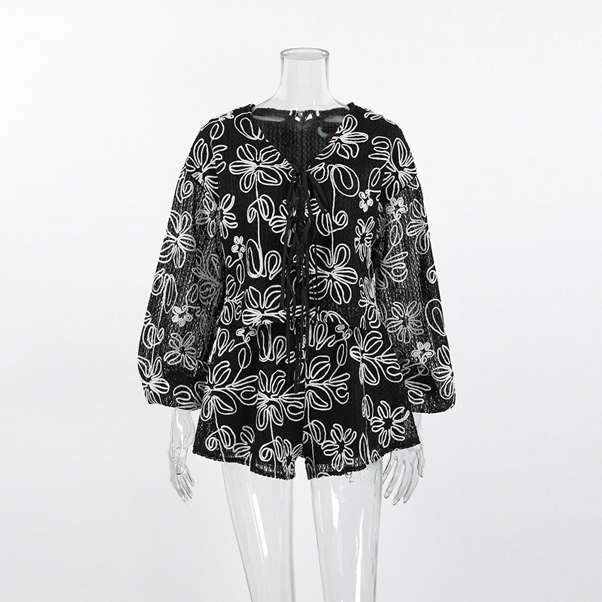 FitiqueFit V-neck long sleeve lace-up top and matching shorts two-piece set, stylish and comfortable for casual wear.