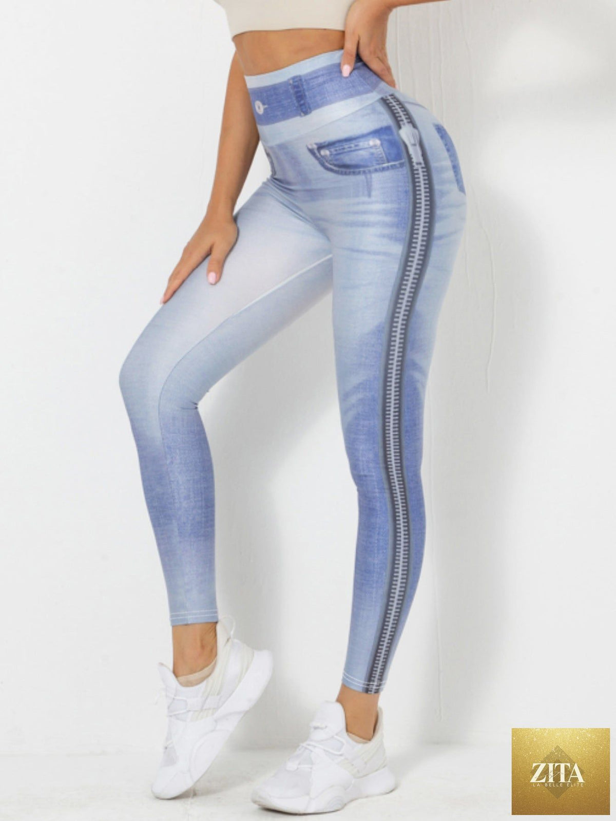 Denim-look peach yoga leggings by FitiqueFit, slim fit fitness workout pants designed for comfort and style during exercise.