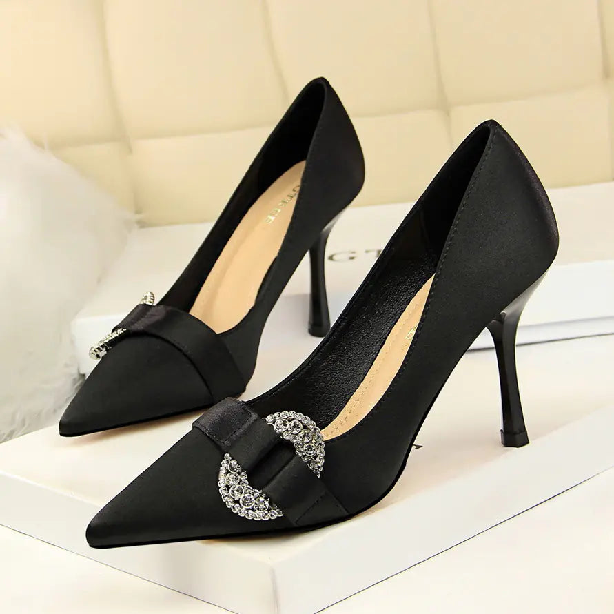Elegant satin pointed toe high heel shoes for women with rhinestone buckle by Trendy Attic Store01, showcasing stylish footwear.