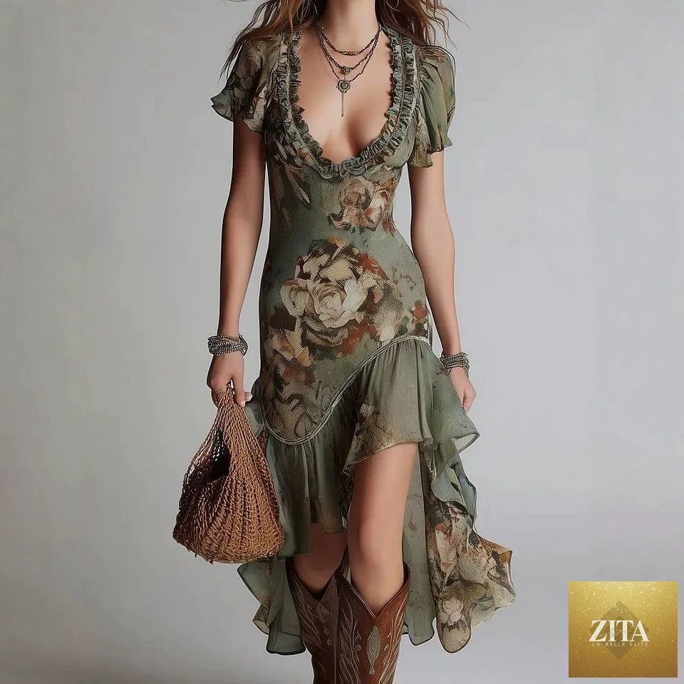 Women's vintage oil painting print A-line midi dress with bubble sleeves and ruffle irregular hem by FitiqueFit.