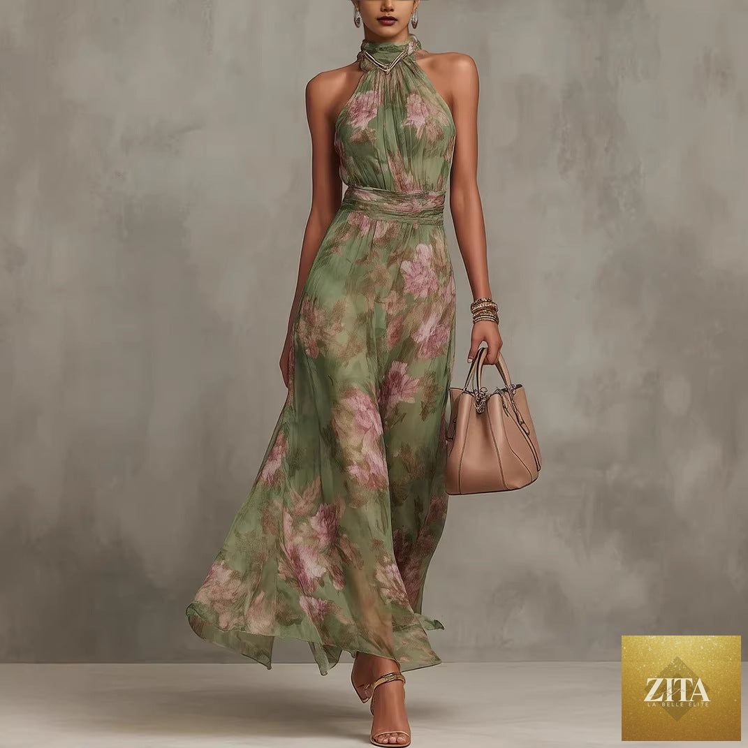 Green graffiti print mesh maxi dress by FitiqueFit featuring high waist, irregular slit, streetwear style, suspender straps, and bold design.