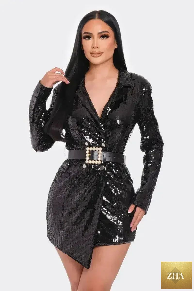 Women’s Pearl Belted Sequin Blazer Mini Dress by Femstylo, featuring a fitted silhouette with shimmering sequins and pearl accents.