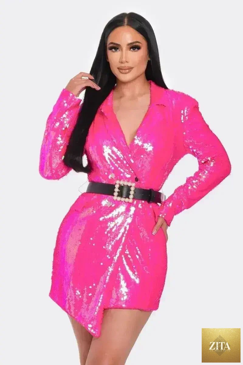 Pearl belted sequin blazer mini dress by Femstylo, featuring shiny sequins, pearl accents, and a fitted blazer style for women.