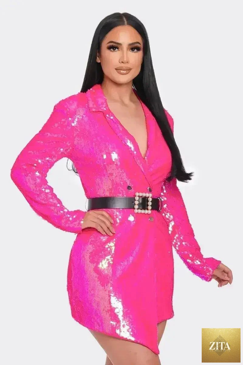 Pearl belted sequin blazer mini dress for women by Femstylo, featuring shiny sequins and a stylish blazer design.