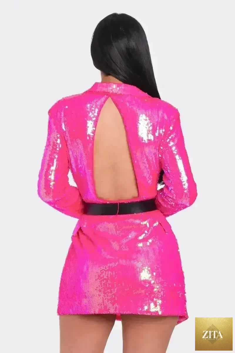 Pearl belt detail on Femstylo women's sequin blazer mini dress, stylish party outfit with shimmering embellishments.