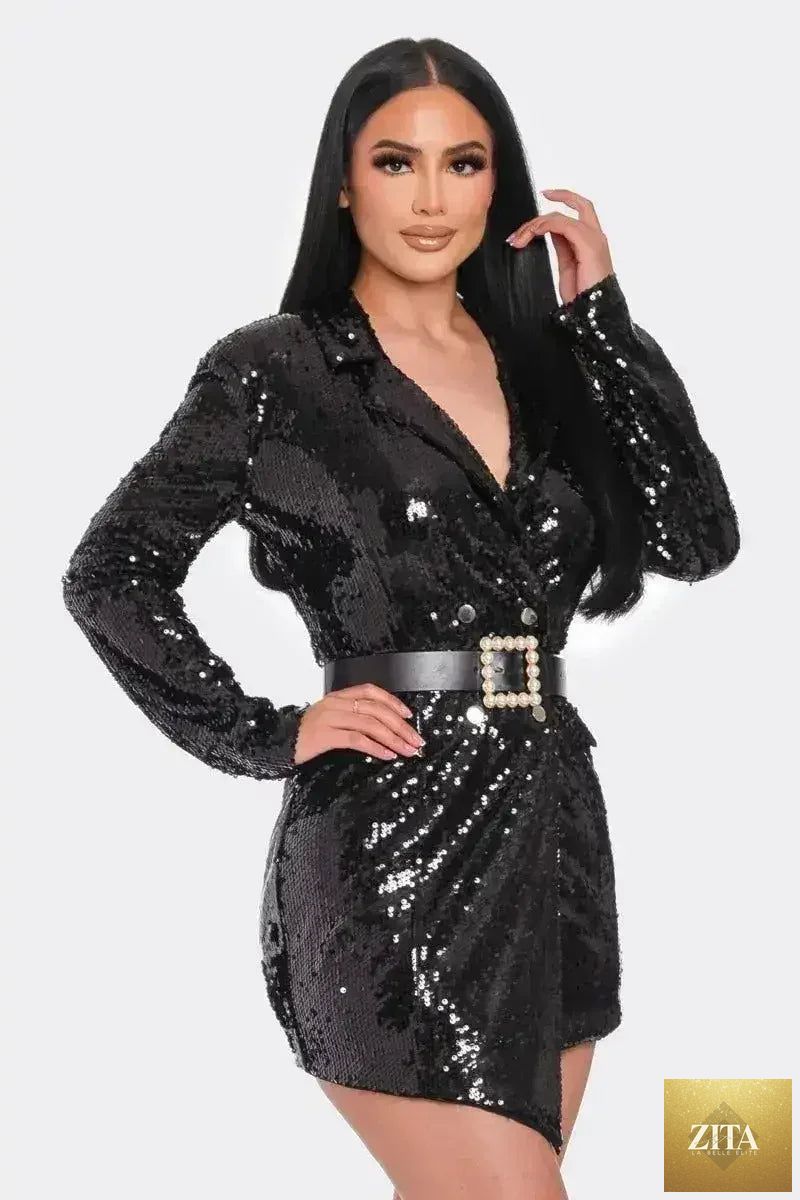 Pearl belted sequin blazer mini dress by Femstylo, stylish women's clothing featuring shimmering sequins and a chic blazer design.